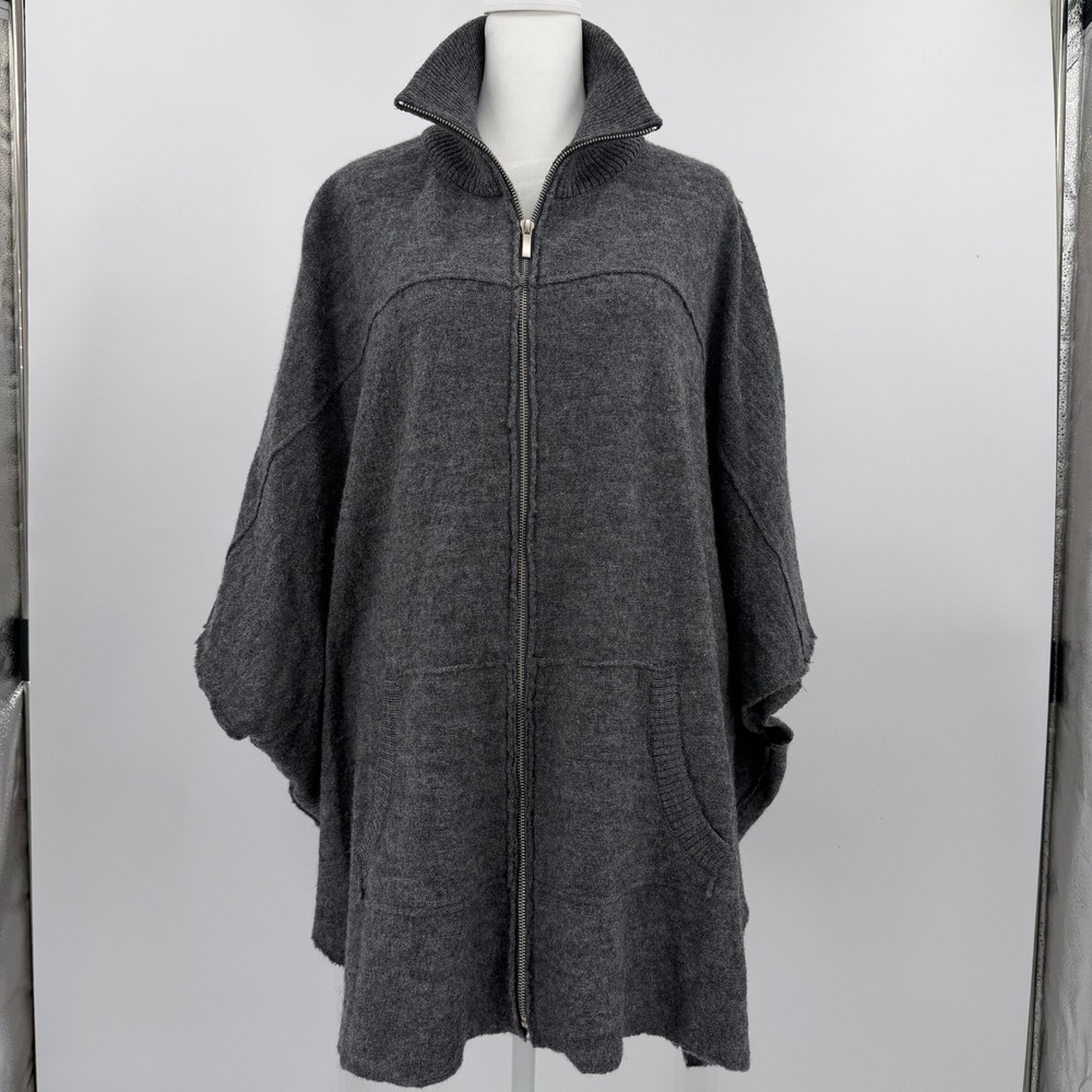 Katie Todd Womens Charcoal Gray 100% Wool Full Zip Poncho Wrap Mock Neck L/XL